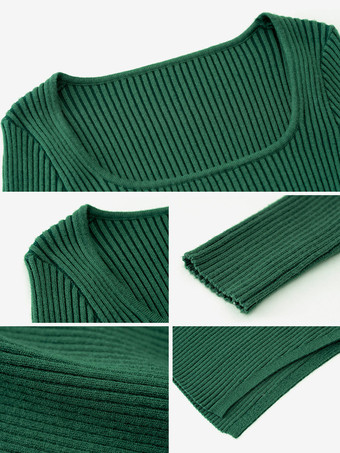 レディース ニットドレス 美しいアクリル 長袖 ロースリット スクエアネック