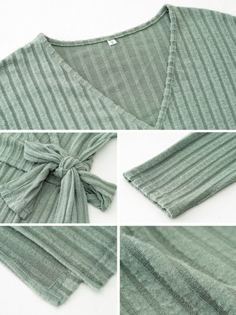 女性のためのニットドレス美しいレースアップ長袖ロースリット V ネックドレス