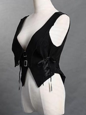 ロリータ スペシャル ロリータ トップ ベスト コスチューム スチームパンク ブラック ノースリーブ レースアップ メタル ディテール