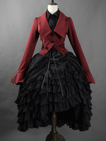 ゴシックロリータコートレッドレースアップポリエステルオーバーコートコート春ロリータ生き抜く