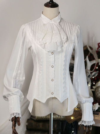 ホワイト スチームパンク ロリータ ブラウス ロリータ トップ レース フリル 長袖 ブラウス ホワイト ロリータ シャツ