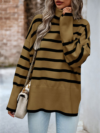 ブラウン 女性プルオーバーセーターグリーンスプリットフロントストライプハイカラー長袖アクリルセーター