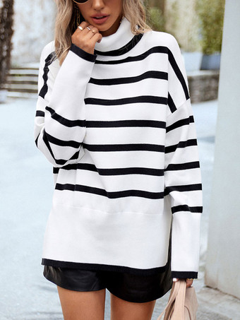 ホワイト 女性プルオーバーセーターグリーンスプリットフロントストライプハイカラー長袖アクリルセーター