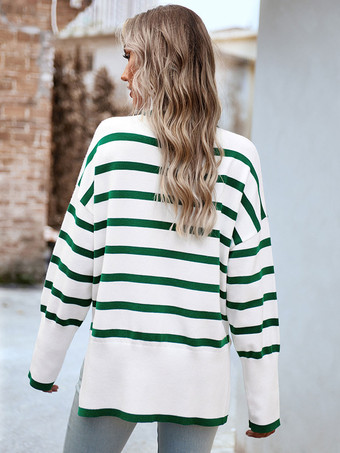 女性プルオーバーセーターグリーンスプリットフロントストライプハイカラー長袖アクリルセーター