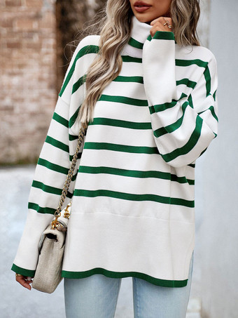 女性プルオーバーセーターグリーンスプリットフロントストライプハイカラー長袖アクリルセーター
