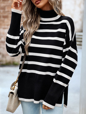 ブラック 女性プルオーバーセーターグリーンスプリットフロントストライプハイカラー長袖アクリルセーター