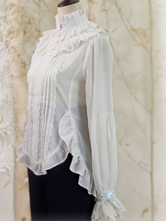 スチームパンク ロリータ ブラウス リボン レース 長袖 ブラウス ロリータ トップ ホワイト ロリータ シャツ
