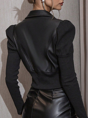 Pu レザー ジャケット ターンダウン カラー ジッパー カジュアル ブラック アウター