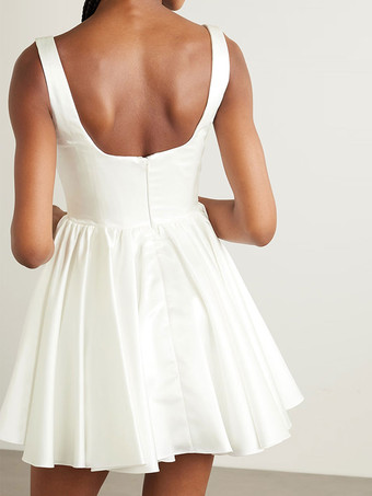 ホワイトショートウェディングスクエアキュービックカフレスノースリーブAラインショート花嫁ドレス無料カスタマイズ