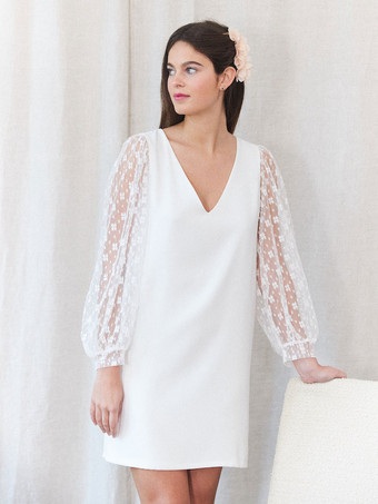 白いショート ウェディング ドレス V ネック長袖ショート ブライダル ドレス無料カスタマイズ