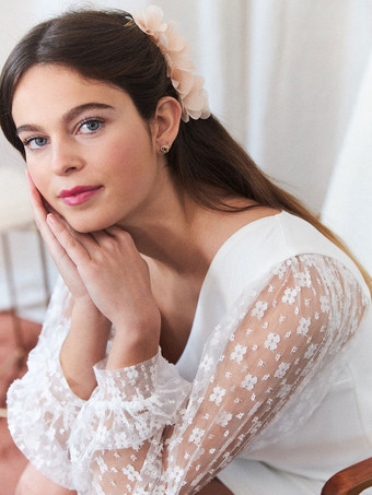 白いショート ウェディング ドレス V ネック長袖ショート ブライダル ドレス無料カスタマイズ