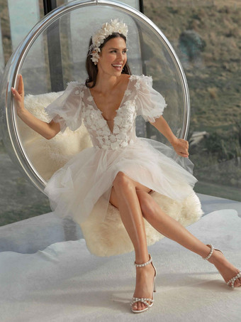 ショートウェディングドレス レース Vネック 半袖 膝丈 シビルウェディングドレス