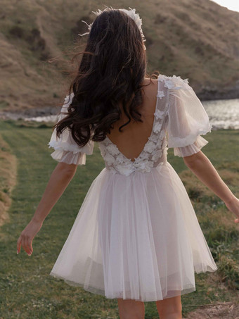 ショートウェディングドレス レース Vネック 半袖 膝丈 シビルウェディングドレス