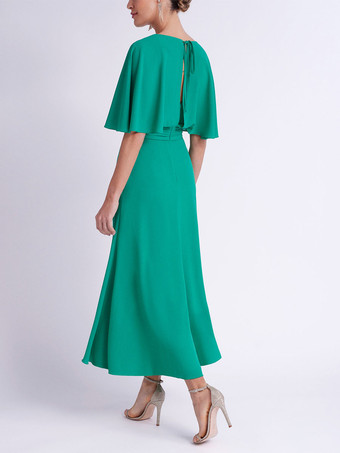 イブニングドレス A ライン V ネックティーレングス半袖バックレス弾性シルクのようなサテンフォーマルパーティードレス無料カスタマイズ