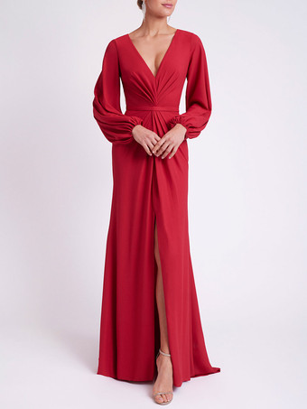 バーガンディーイブニングドレス マーメイド Vネック 弾性シルクのようなサテン 足首までの長さのフォーマルパーティードレス 無料カスタマイズ