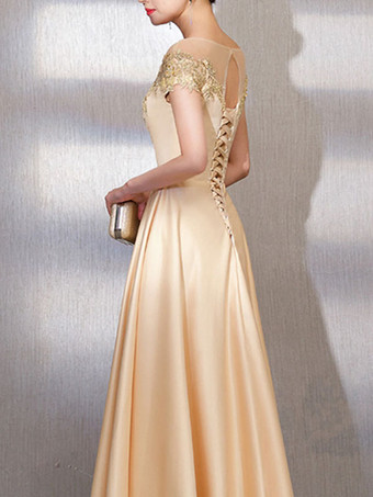 イブニングドレス Aライン イリュージョンネック マキシレングス 半袖 レースアップ ビーズ 弾性 シルクのようなサテン フォーマルパーティードレス