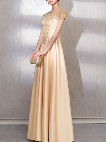 イブニングドレス Aライン イリュージョンネック マキシレングス 半袖 レースアップ ビーズ 弾性 シルクのようなサテン フォーマルパーティードレス