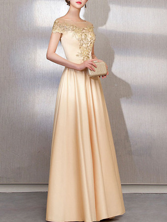 イブニングドレス Aライン イリュージョンネック マキシレングス 半袖 レースアップ ビーズ 弾性 シルクのようなサテン フォーマルパーティードレス