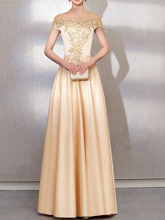 イブニングドレス Aライン イリュージョンネック マキシレングス 半袖 レースアップ ビーズ 弾性 シルクのようなサテン フォーマルパーティードレス