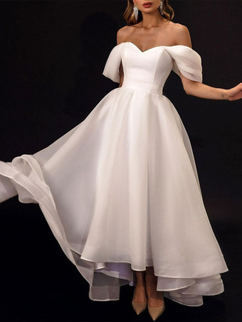 ショートウェディングドレス ティーレングス ストラップレス 半袖 Aライン オーガンジー ブライダルドレス 無料カスタマイズ
