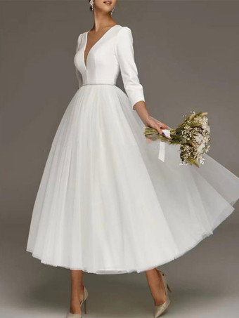 Short Wedding Dress Tea-Length V-Neck 3/4 Length Sleeves A-Line Satin Fabric Bridal Dresses Free Customization