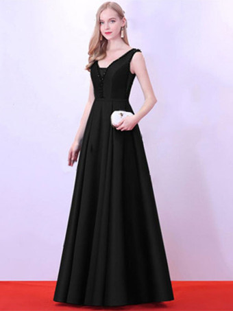 ブラックイブニングドレス Aライン Vネック サテン生地 マキシレングス ビーズ フォーマルパーティードレス