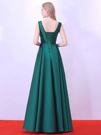 イブニングドレス Aライン Vネック サテン生地 マキシレングス ビーズ フォーマルパーティードレス