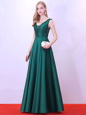 イブニングドレス Aライン Vネック サテン生地 マキシレングス ビーズ フォーマルパーティードレス