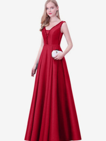 エンバーレッドイブニングドレス Aライン Vネック サテン生地 マキシレングス ビーズ フォーマルパーティードレス