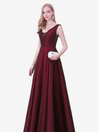 マルーンイブニングドレス Aライン Vネック サテン生地 マキシレングス ビーズ フォーマルパーティードレス