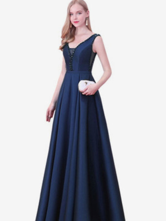 ダークネイビーイブニングドレス Aライン Vネック サテン生地 マキシレングス ビーズ フォーマルパーティードレス