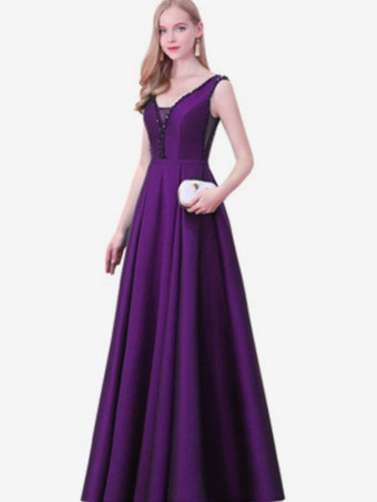 プラムイブニングドレス Aライン Vネック サテン生地 マキシレングス ビーズ フォーマルパーティードレス