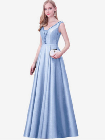 ベビーブルーイブニングドレス Aライン Vネック サテン生地 マキシレングス ビーズ フォーマルパーティードレス