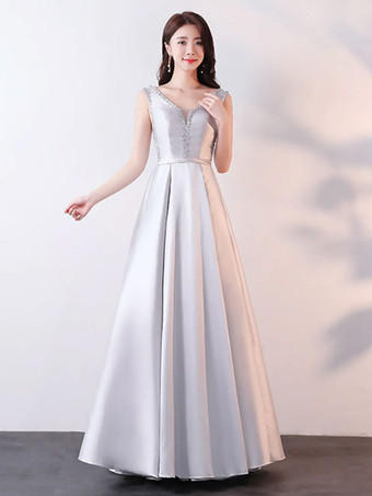 ライトグレーイブニングドレス Aライン Vネック サテン生地 マキシレングス ビーズ フォーマルパーティードレス