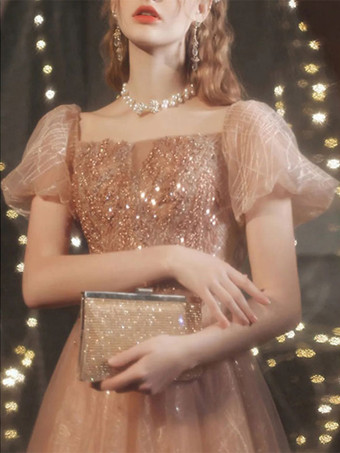 イブニングドレス Aライン スクエアネック マキシレングス 半袖 レースアップ ビーズ チュール フォーマルパーティードレス