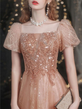 イブニングドレス Aライン スクエアネック マキシレングス 半袖 レースアップ ビーズ チュール フォーマルパーティードレス