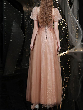 イブニングドレス Aライン スクエアネック マキシレングス 半袖 レースアップ ビーズ チュール フォーマルパーティードレス