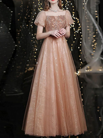 イブニングドレス Aライン スクエアネック マキシレングス 半袖 レースアップ ビーズ チュール フォーマルパーティードレス