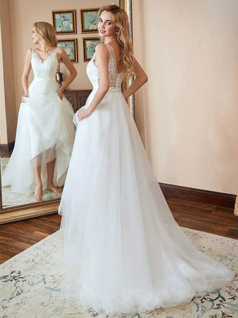 イブニングドレス Aライン Vネック トレーン ノースリーブ ジッパー アップリケ チュール フォーマルパーティードレス