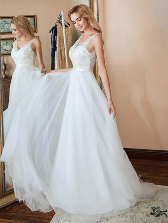 イブニングドレス Aライン Vネック トレーン ノースリーブ ジッパー アップリケ チュール フォーマルパーティードレス