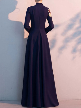 ブラックパーティードレス 花嫁の母用 ハイカラー 長袖 Aライン アップリケ ゲストドレス 結婚式用