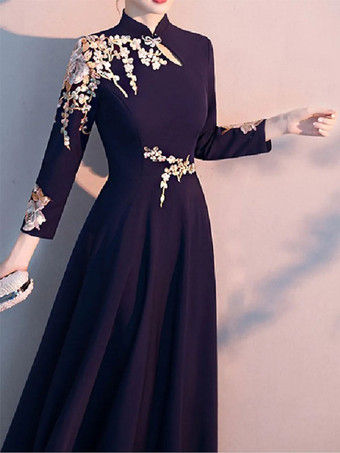 アイボリー パーティードレス 花嫁の母用 ハイカラー 長袖 Aライン アップリケ ゲストドレス 結婚式用