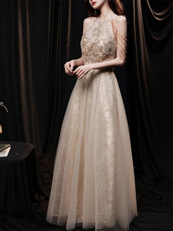 カクテルドレス付き 美しい床長のプリンセスシルエット ホルターネックの花