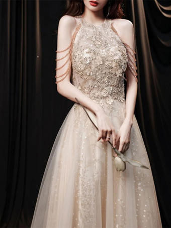 カクテルドレス付き 美しい床長のプリンセスシルエット ホルターネックの花