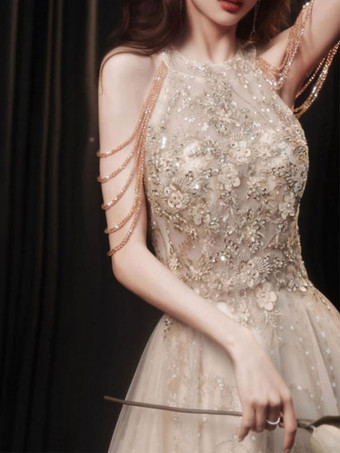 カクテルドレス付き 美しい床長のプリンセスシルエット ホルターネックの花