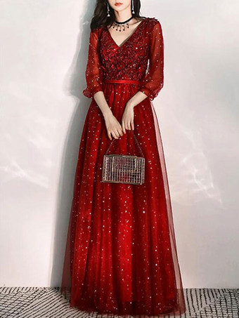 BordeauxAbiti da Sera con scollo a V svasata di Lacci a terra maniche a 3/4 Nero Abiti per occasione