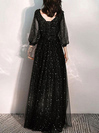 Abiti da Sera con scollo a V svasata di Lacci a terra maniche a 3/4 Nero Abiti per occasione