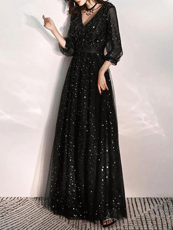 Abiti da Sera con scollo a V svasata di Lacci a terra maniche a 3/4 Nero Abiti per occasione