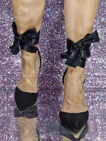 レディース ハイヒール スエード ポインテッドトゥ ラインストーン スリングバック レースアップ プロムシューズ