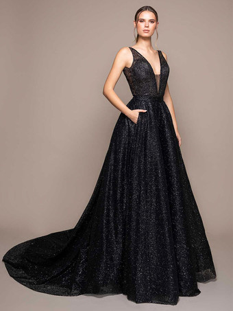 黒のウェディングドレス レース A ライン ノースリーブ ポケット コート トレイン ブライダル ドレス無料カスタマイズ